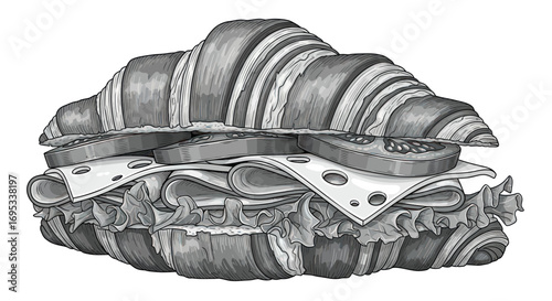 Detailed monochrome illustration of a savory croissant sandwich filled with fresh ingredients