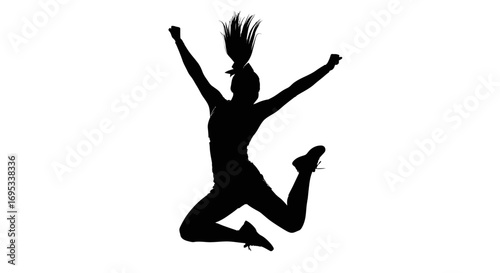 Dynamic silhouette of a woman leaping in jubilant celebration against a stark white backdrop