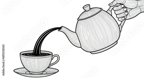 Elegant hand pouring beverage from teapot into a cup with detailed line art illustration