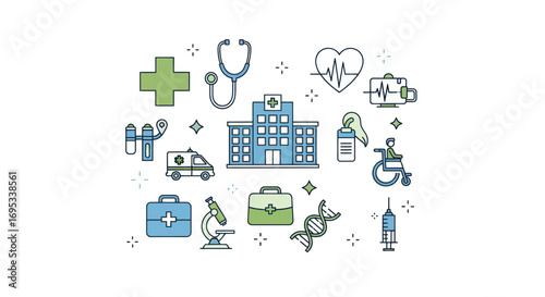 Healthcare icons featuring hospital building ambulance stethoscope and other medical concepts in