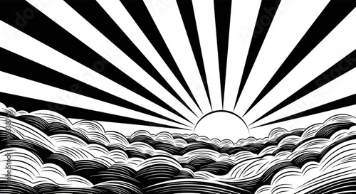 Monochromatic brilliance a conceptual sun rays illustration over patterned waves