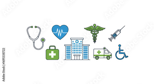 Modern healthcare icons arrangement reflecting medical services and hospital assistance