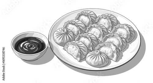 Monochromatic delight artistic rendition of dumplings and dipping sauce illustration