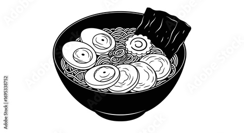 Monochromatic ramen bowl illustration featuring eggs, seaweed and other ingredients minimal