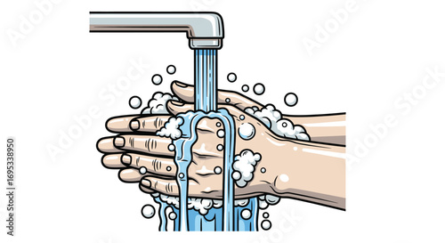 Promoting hygiene: Illustration of hands being washed under a running faucet for cleanliness