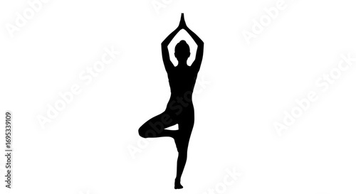 Silhouette of a woman in tree pose, demonstrating balance and focus with hands pressed together