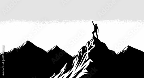 Silhouette of a triumphant man raising a fist on a mountain peak symbolizes accomplishment and