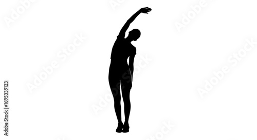 Silhouette of a woman stretching her arm overhead in a dynamic pose emphasizing flexibility and