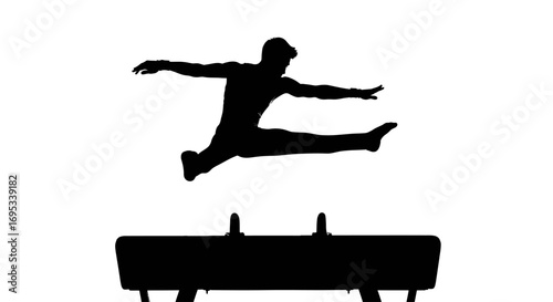 Silhouette of athlete performing gymnastics over pommel horse demonstrating agility and strength