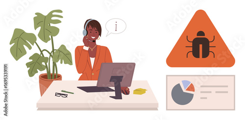 Woman using a headset to provide customer support while addressing a bug issue. Desk with computer, analytic charts, warning sign, and plant. Ideal for customer service, troubleshooting