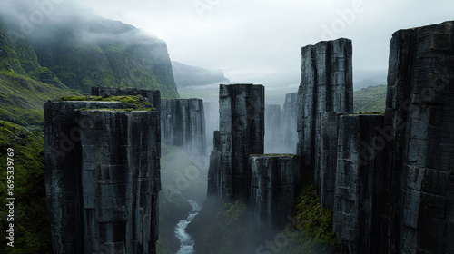 Majestic Rocky Cliffs Surrounded by Mist and Lush Greenery in a Dramatic Landscape During a Cloudy Day