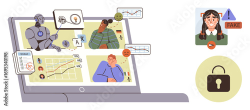 Robot engaging with charts, human emotions, and analyses on computer screen, surrounded by ethics and security icons. Ideal for AI, data science, privacy, ethical tech, media literacy education