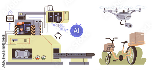 Robotic assembly line controlled by AI, Quadcopter capturing visuals, and cargo bike carrying package. Ideal for automation, logistics, AI, robotics, sustainability innovation supply chain. Simple