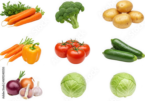 A vibrant collection of fresh vegetables, including carrots, broccoli, potatoes, bell pepper, tomatoes, cucumbers, onions, and cabbage, isolated on transparent background