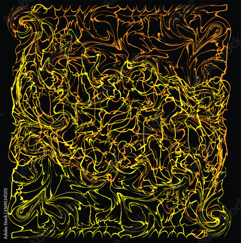  Chaotic, abstract neon lines of orange and yellow forming a swirly, tangled pattern on black