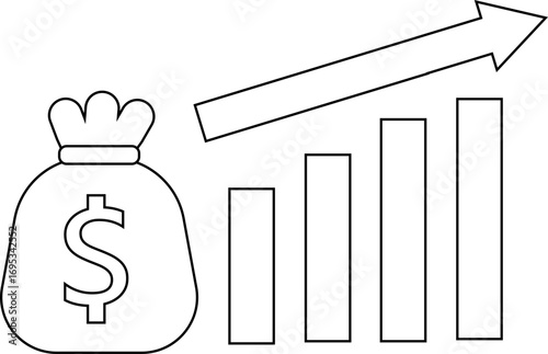 rising graph icon and dollar sack icon with white background
