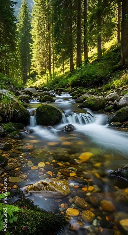 Obraz premium A tranquil mountain stream meanders through a lush forest, showcasing clear, flowing water over colorful stones and mossy rocks.