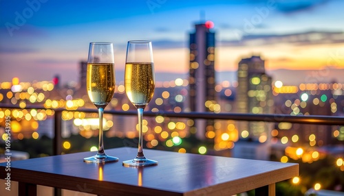 Two champagne flutes sit on a table overlooking a city skyline at dusk, with blurred lights and a colorful sky.