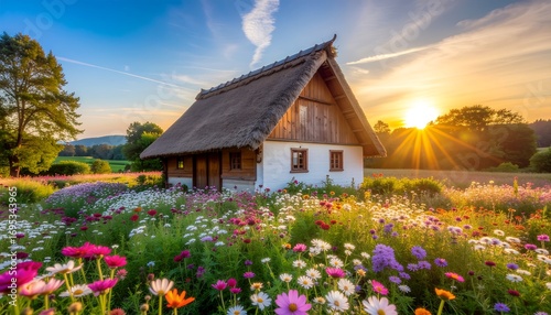A charming, rustic cottage with a thatched roof sits amidst a vibrant field of colorful wildflowers at sunset, with trees and a distant hill in the background.