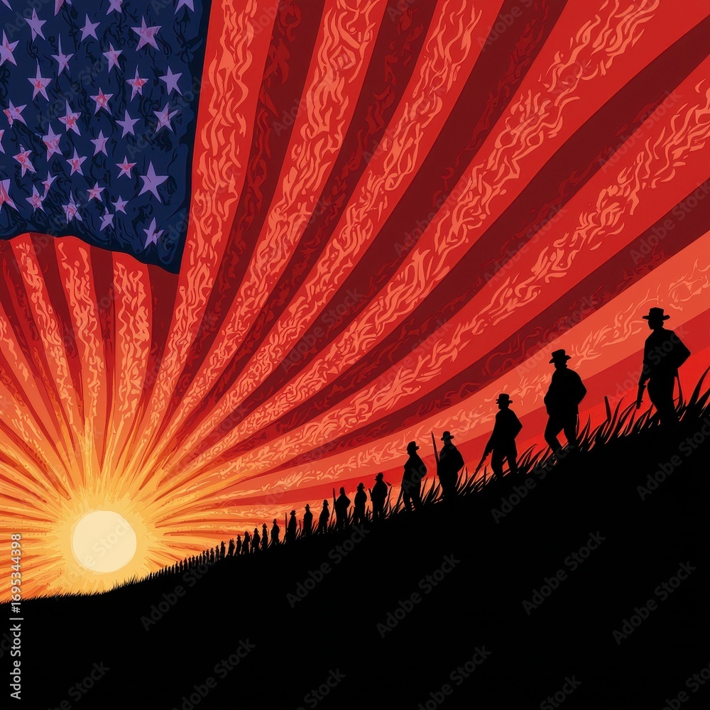Naklejka premium Silhouetted Soldiers Marching at Sunset Under a Pixelated American Flag