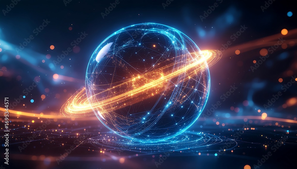 Obraz premium A glowing sphere with intricate lines and a surrounding ring, representing digital connections and data.