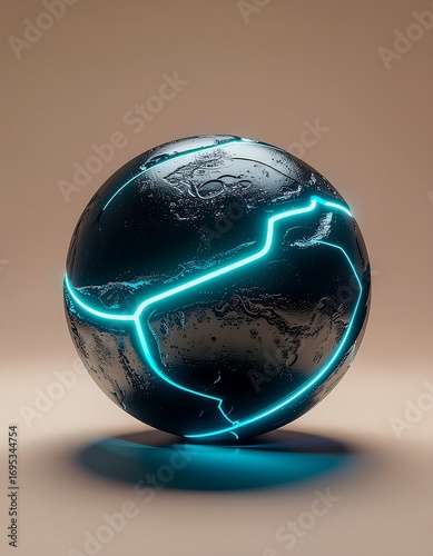 A textured black sphere with glowing blue lines resembling cracks or futuristic circuitry against a neutral background.