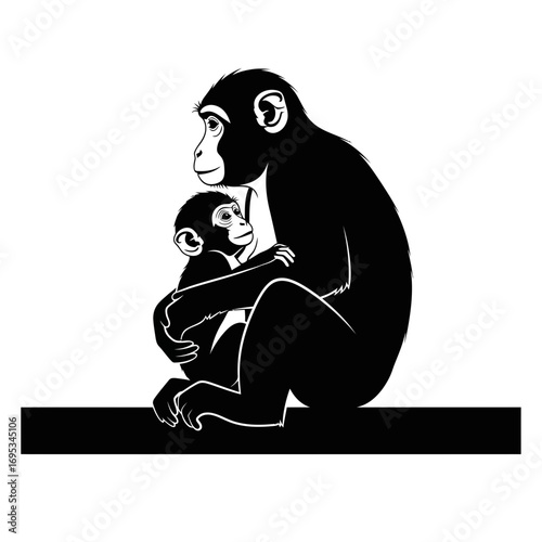 Mother and baby chimpanzee silhouette hugging isolated on white background