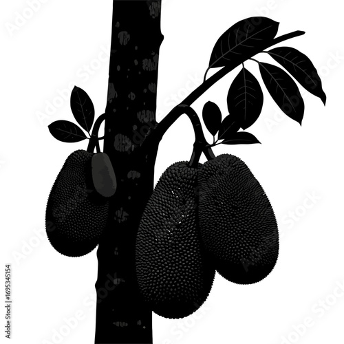 Jackfruit tree branch with fruit and leaves silhouette isolated on white background