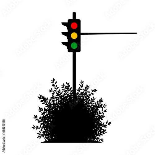 Traffic light with bush silhouette isolated on white background