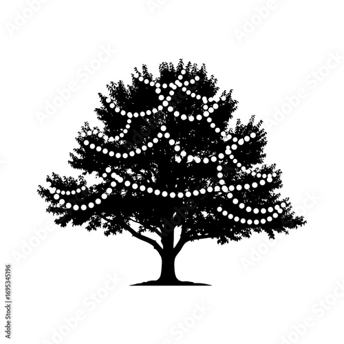 Black silhouette of a tree decorated with string lights isolated on white background