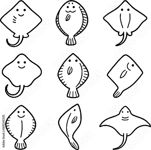 Flatfish Vector Icon Set (Stingray, Flounder, Skate, Manta Ray)