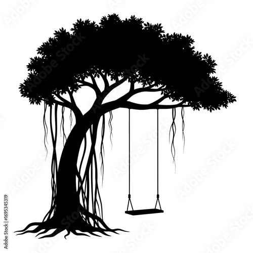 Banyan tree with hanging roots and a swing silhouette isolated on white background
