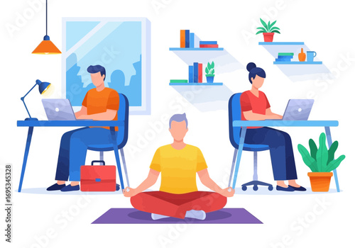 Vector art of people working on laptops in a modern office space, one person meditating in the foreground, promoting worklife balance and wellness