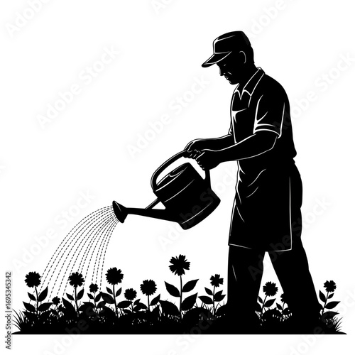 Gardener watering flowers silhouette isolated on white background