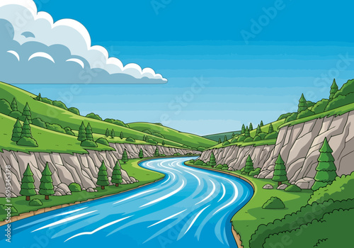Vector art of a winding river flows through a green valley with steep, rocky cliffs and scattered pine trees under a blue sky with fluffy clouds