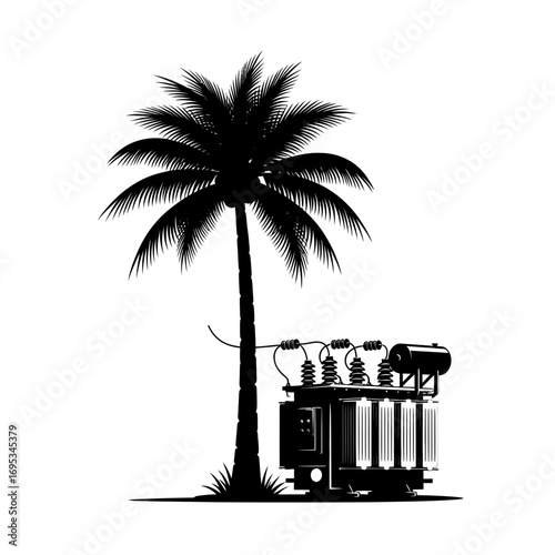 Palm tree and electrical transformer silhouette isolated on white background