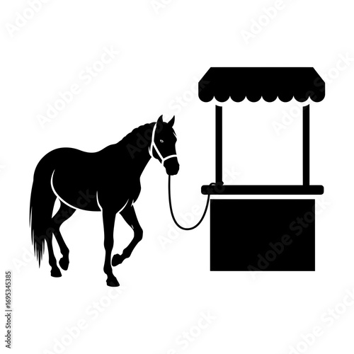 Horse tied to a well silhouette isolated on white background