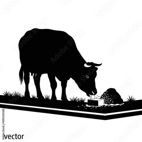 Cow eating from a salt lick silhouette isolated on white background
