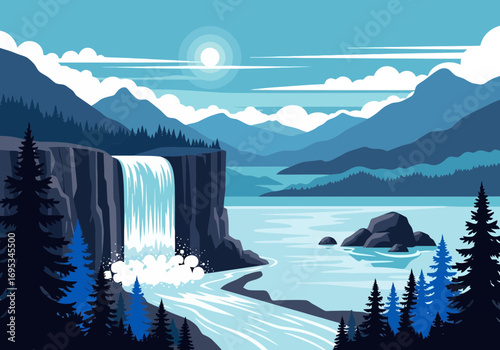 Vector art of a serene mountain landscape with a majestic waterfall cascading into a calm lake under a bright sun and cloudy sky, surrounded by evergreen trees