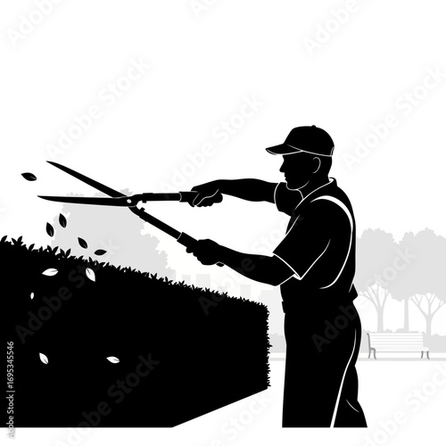 Gardener trimming hedge with shears silhouette isolated on white background