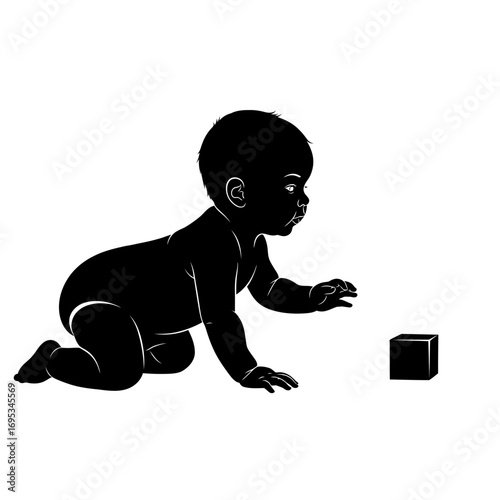 Baby crawling towards a cube silhouette isolated on white background
