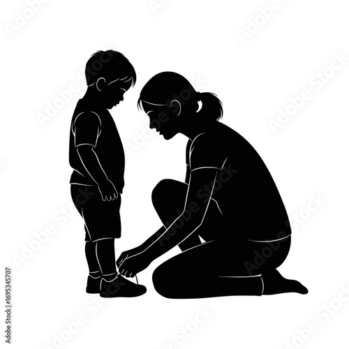 Mother tying child s shoelaces silhouette isolated on white background