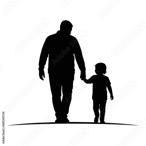 Father and child walking hand in hand silhouette isolated on white background