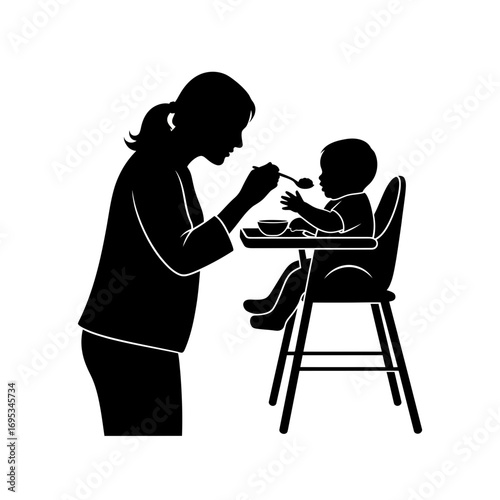 Mother feeding baby in high chair silhouette isolated on white background