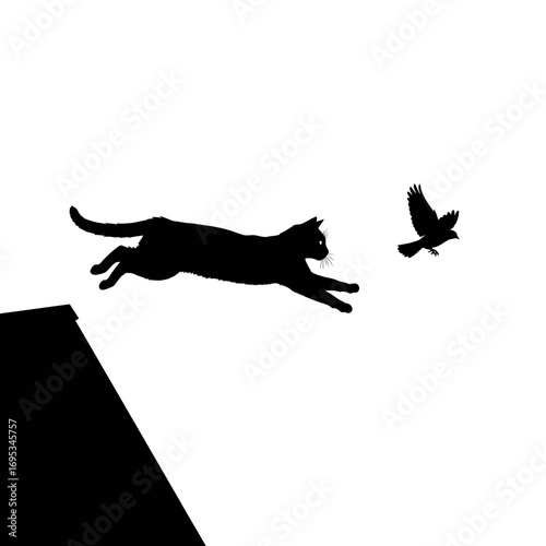 Cat jumping to catch a bird silhouette isolated on white background