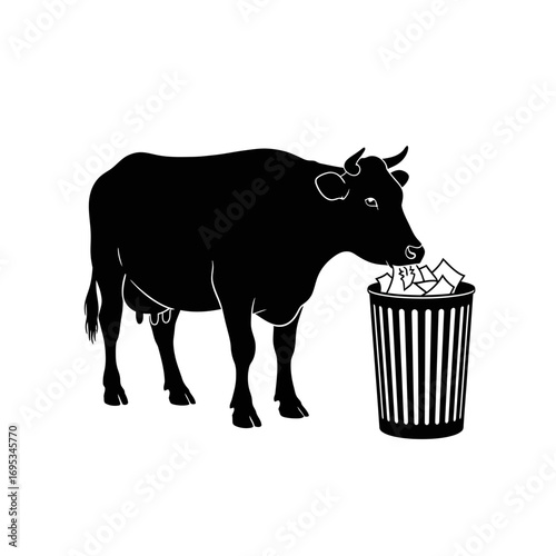 Cow eating from trash can silhouette isolated on white background