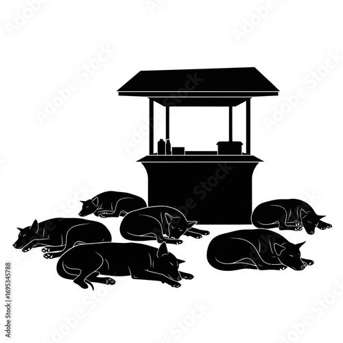 Group of dogs sleeping near a stall silhouette isolated on white background
