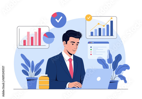 Vector art of man in suit working on a laptop surrounded by plants and charts showing business growth and data analysis