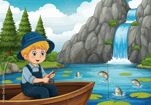 Vector art of a young boy in a blue hat and overalls fishes from a boat on a lake with a waterfall in the background, surrounded by trees and mountains