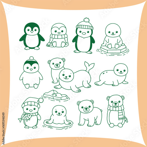 Cute collection of arctic animals penguin polar bear and seal doodles.